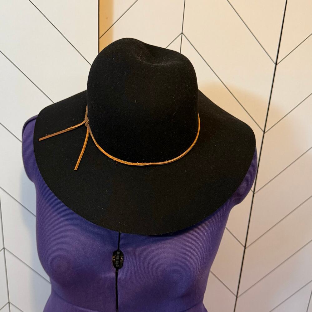Phenix Women’s Black Brown Wool Leather Trim Wide Brim Hat Floppy Vintage Fall